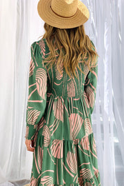 Audrey Long Sleeve Midi Dress in Green and Pink Print
