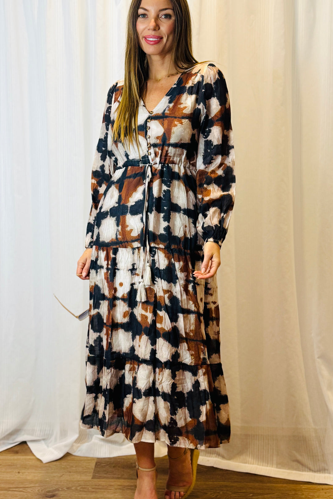 Macey Black and Beige Multi Print Dress