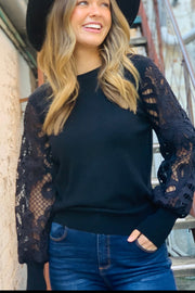 Naomi Lace Sleeve Top in Black