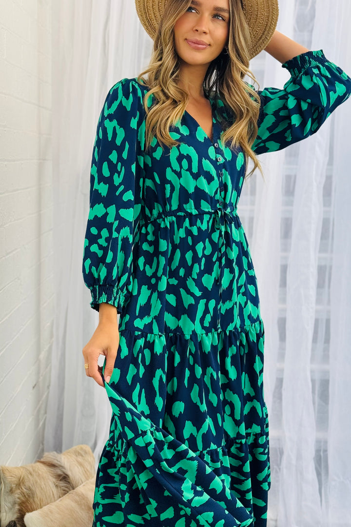 Molli Drawstring Midi Dress in Navy and Green Animal  Print