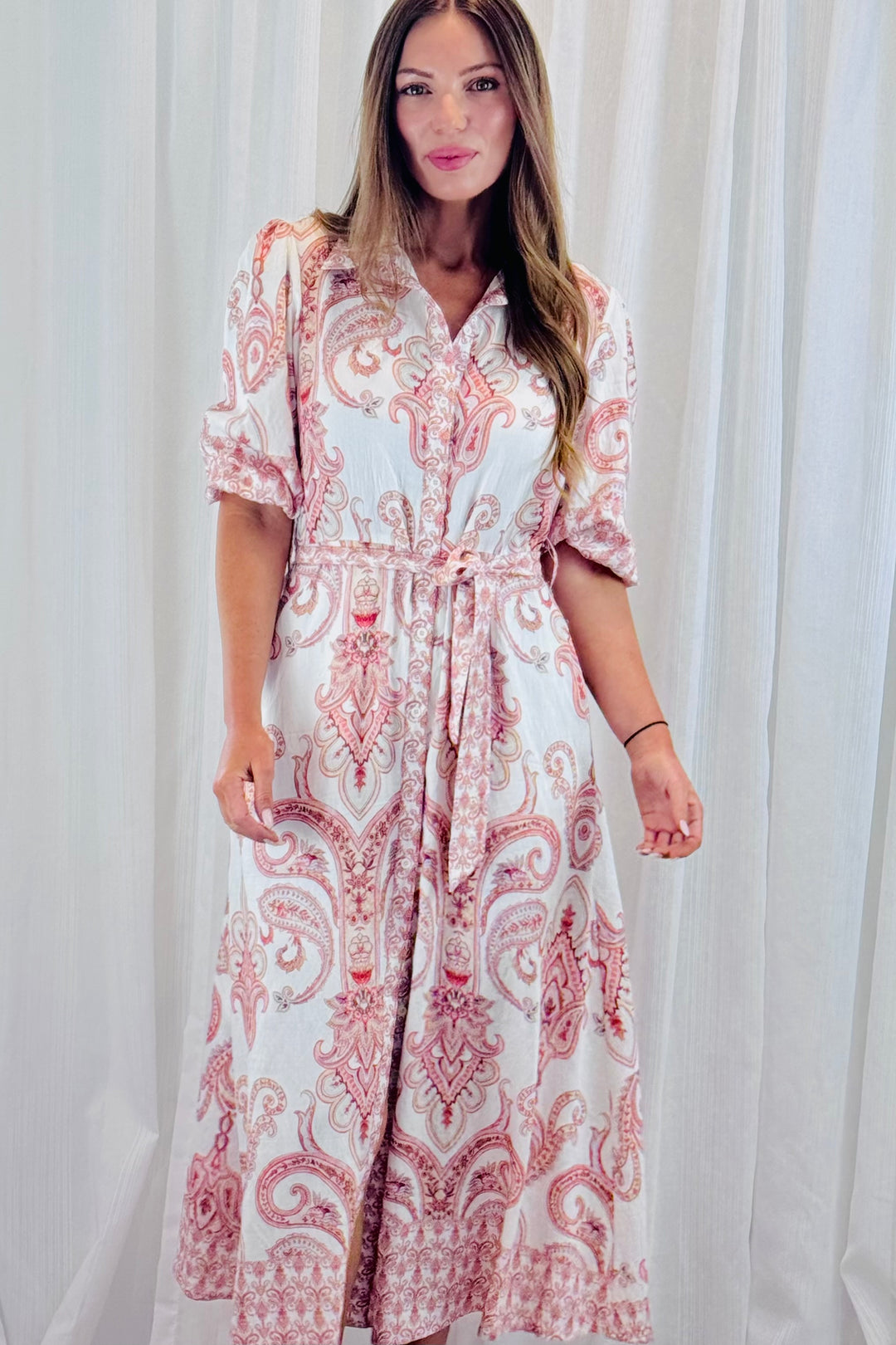 Lenni Paisley Shirt Dress in Off White and Claret Print