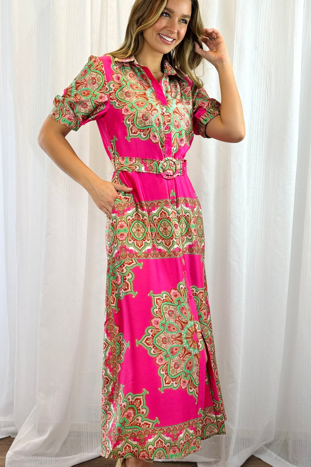 Angelina Hot Pink Embroidered Print Dress