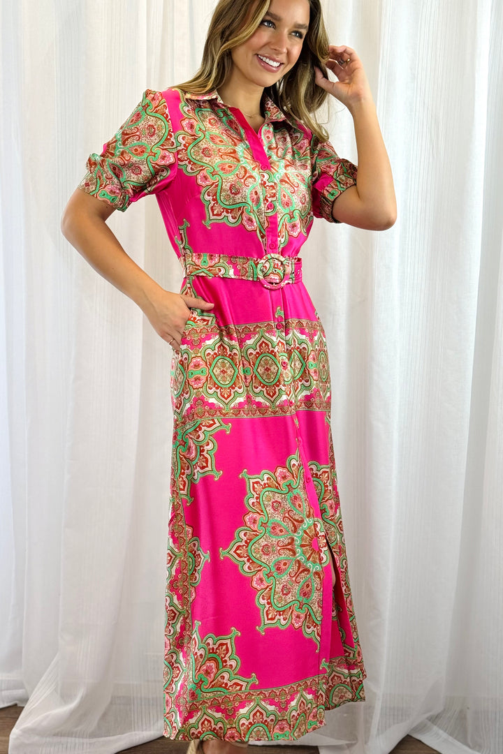 Angelina Hot Pink Embroidered Print Dress