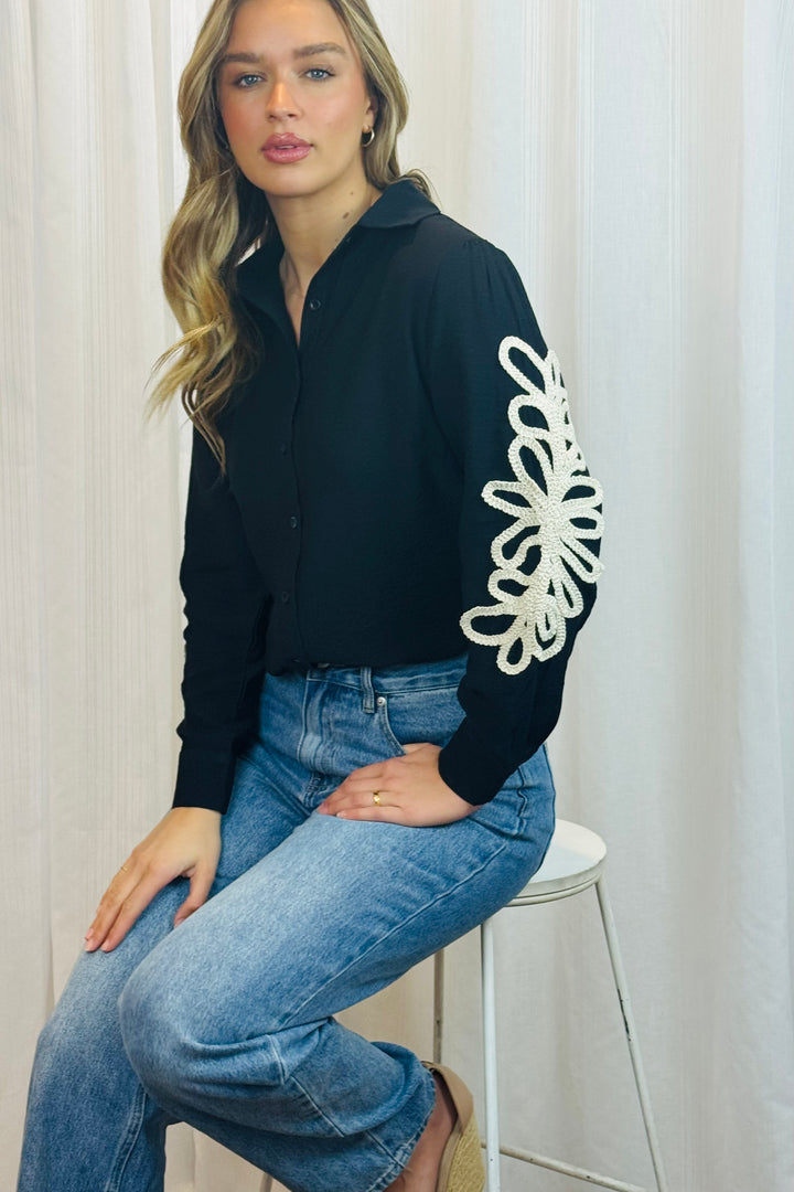 Valerie Black Shirt With Cream Embroidery