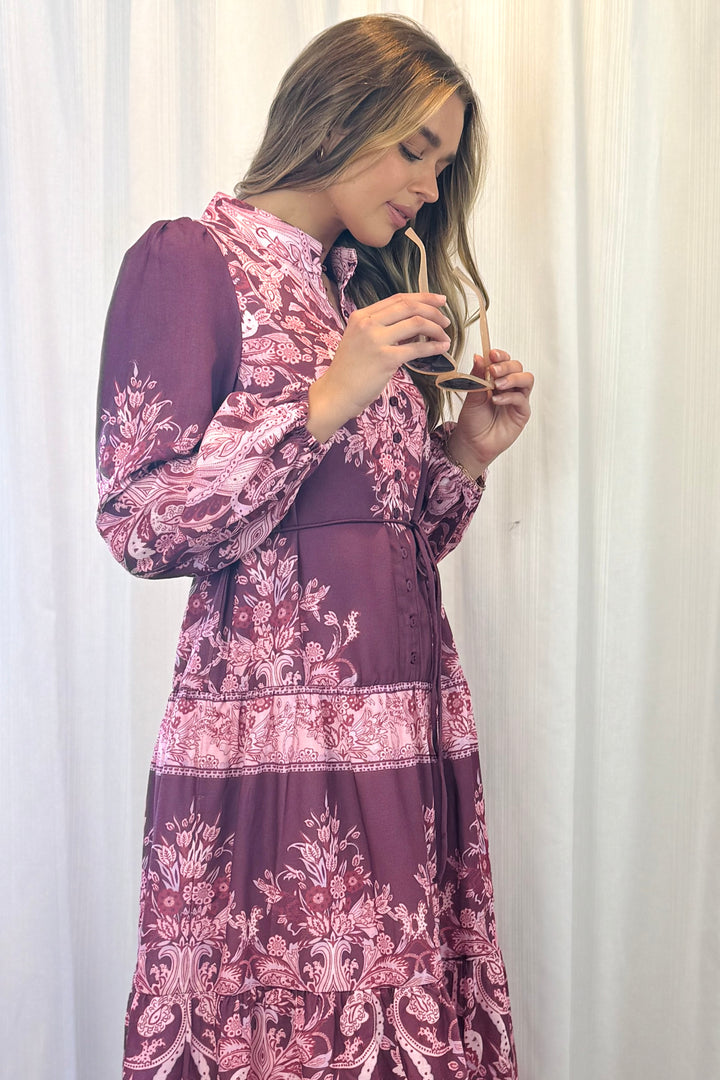 Sabrina Midi Multi Print Dress in Pink and Claret
