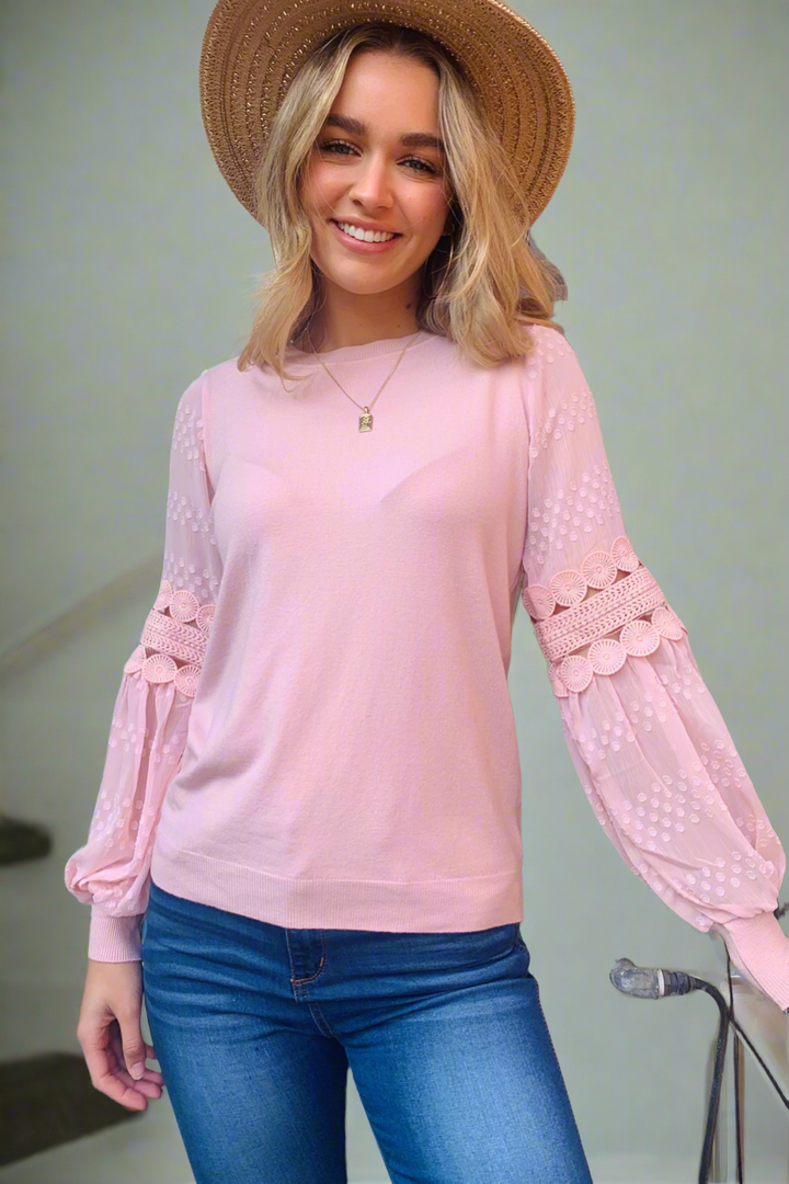 Molli Knit Top Detailed Sleeve in Pink