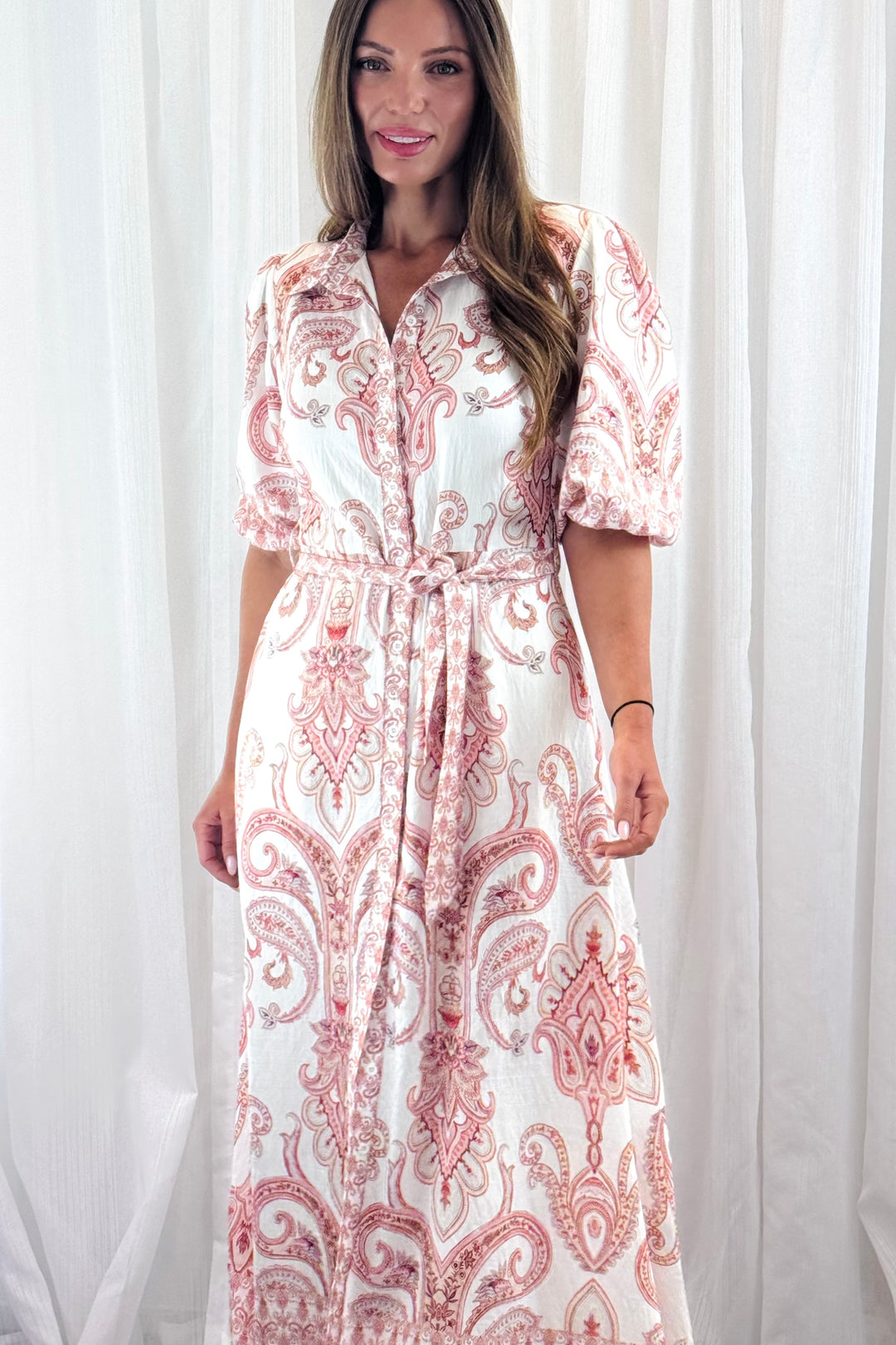 Lenni Paisley Shirt Dress in Off White and Claret Print