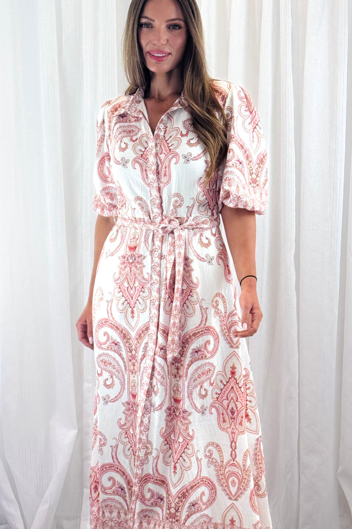 Lenni Paisley Shirt Dress in Off White and Claret Print