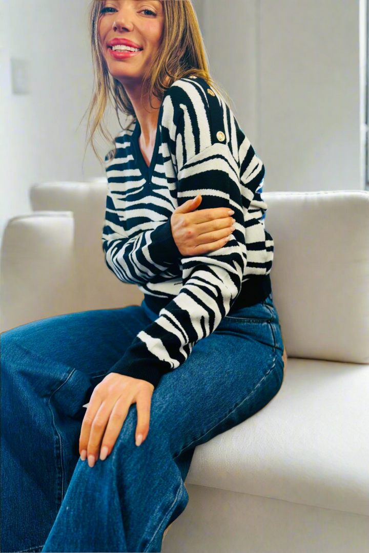 Petra Zebra Knit Top in Black and White