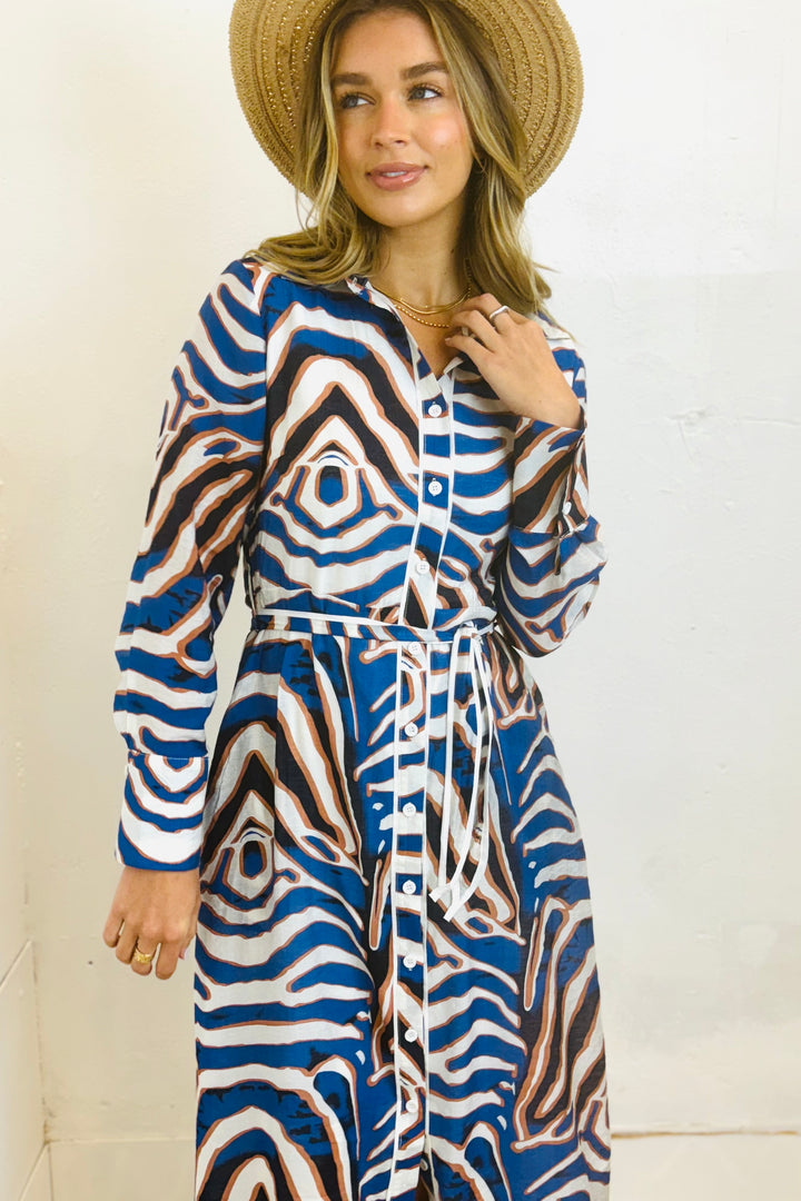 Allumbra Tiger Shirt Dress in Blue Print