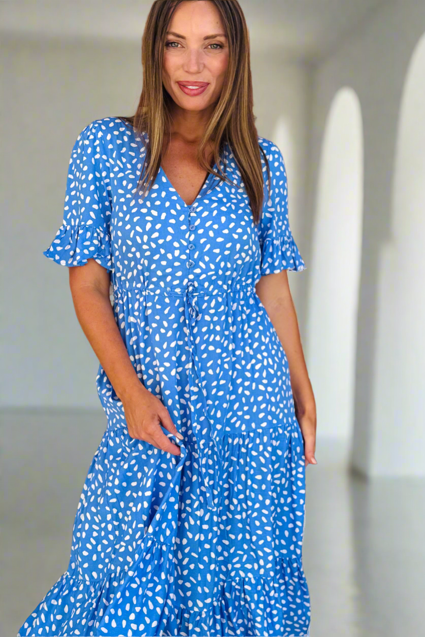 Jeannie Midi Spot Dress In Powder Blue