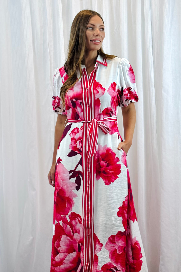 Natalia Maxi Dress in White Red and Pink Print
