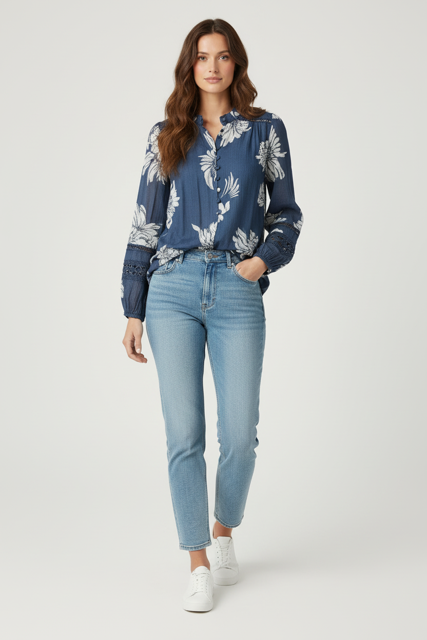 Evie Top in Navy Print