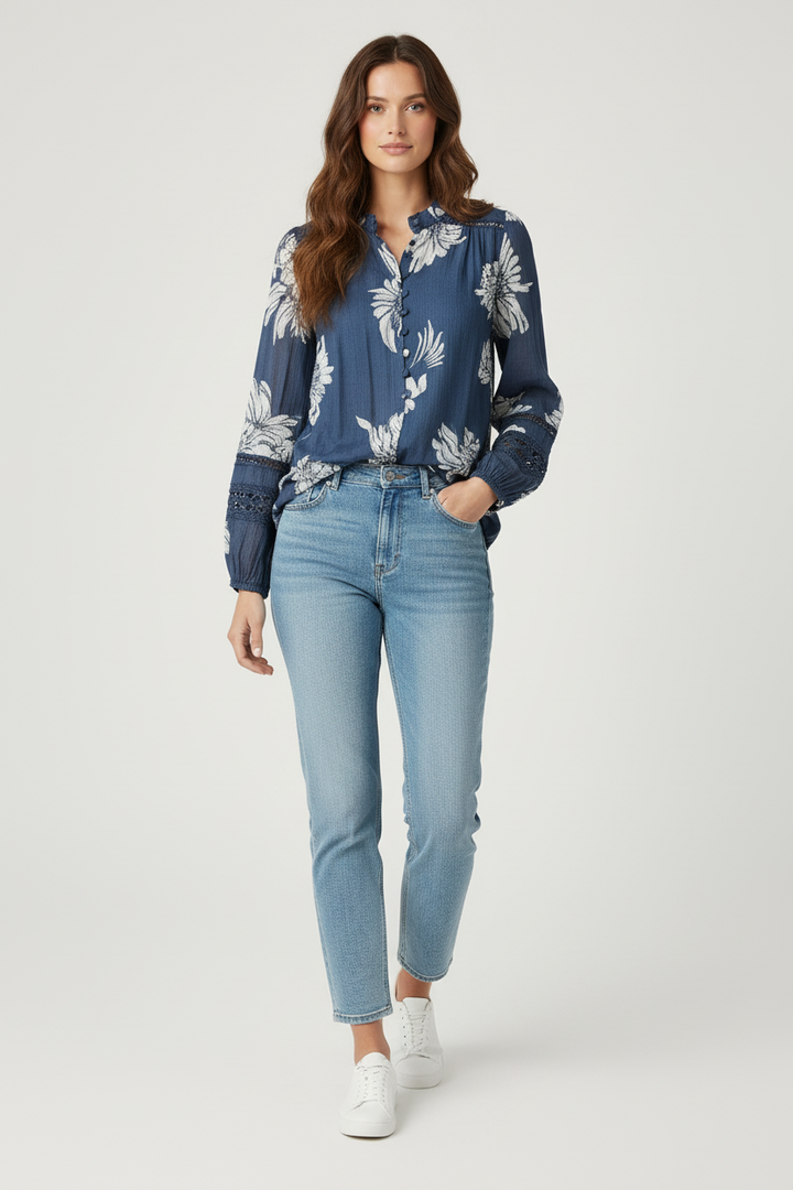 Evie Top in Navy Print