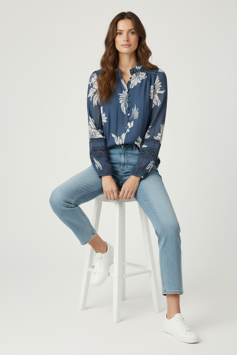 Evie Top in Navy Print