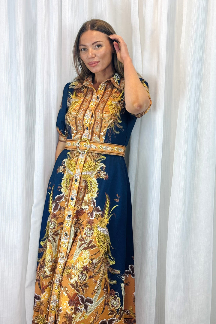 Marilyn Embroidered Print Maxi Dress in Navy.