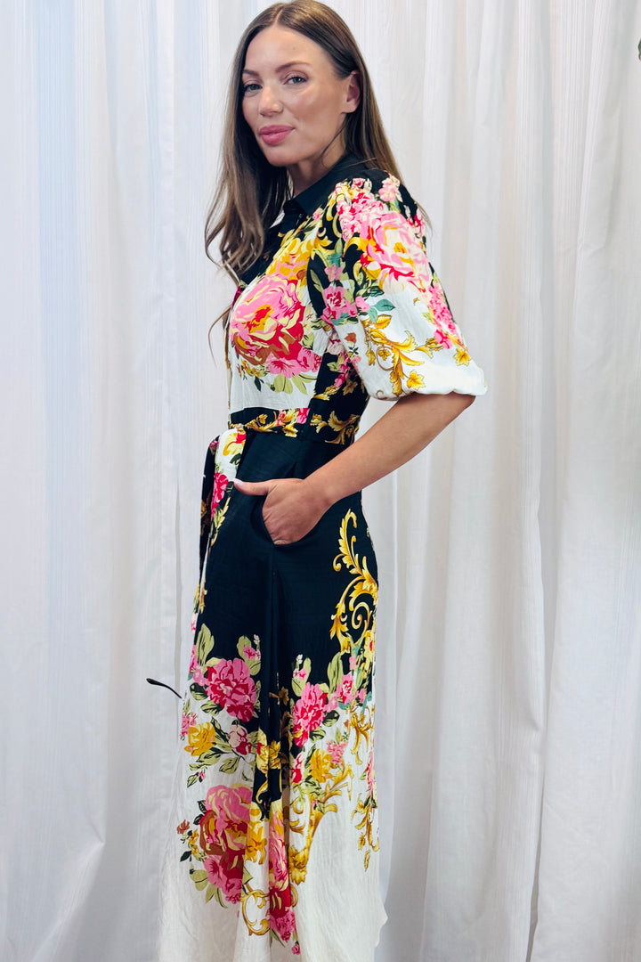 Leila Shirt Dress in Black Multi Print