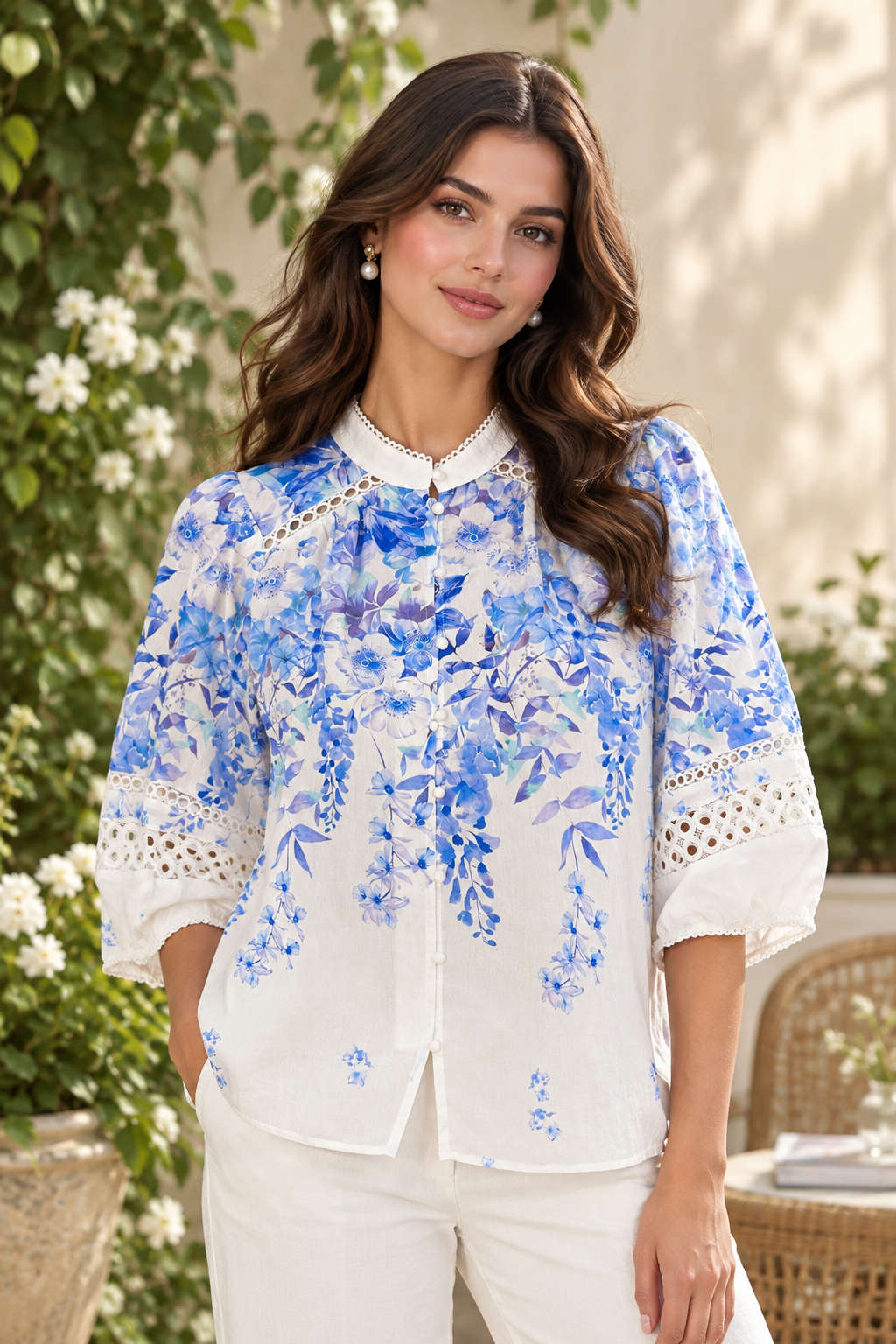 Evie Top In White With Blue Multi Print