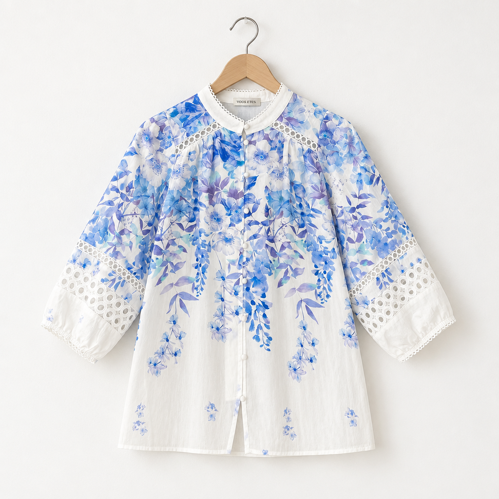 Evie Top In White With Blue Multi Print