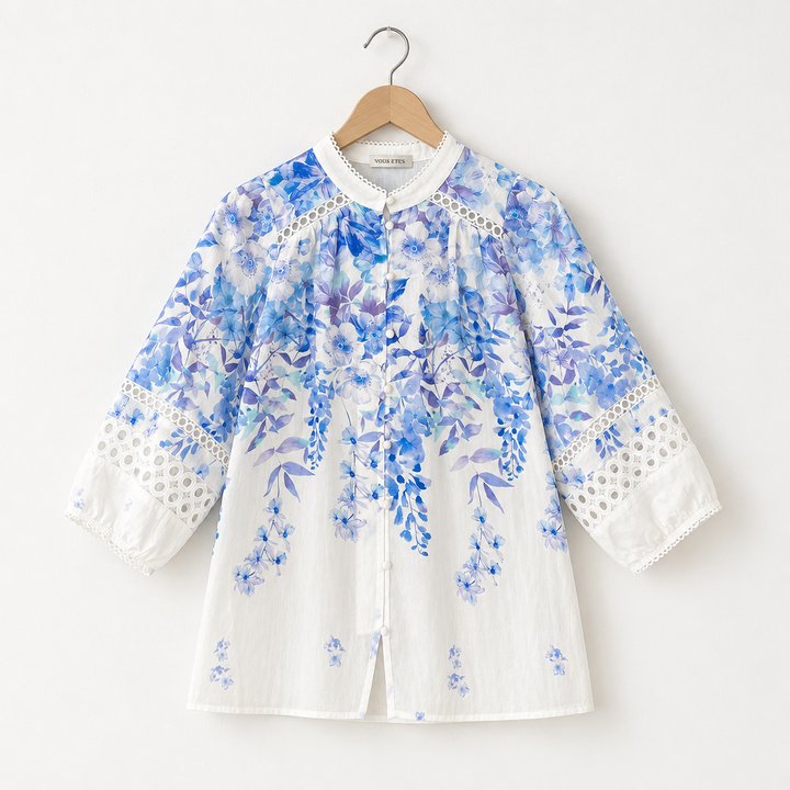 Evie Top In White With Blue Multi Print