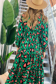 Harper Leopard Long Sleeve Midi Dress in Green