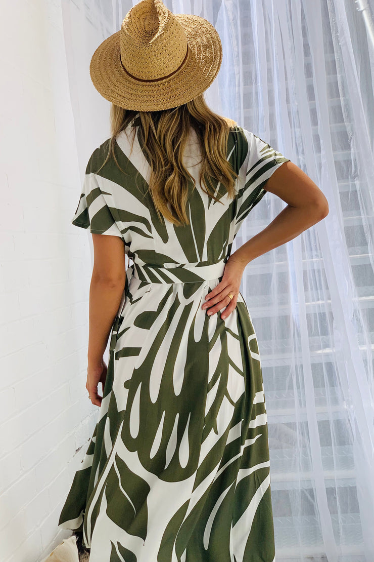 Majella Midi Dress in khaki and white Print with Belt