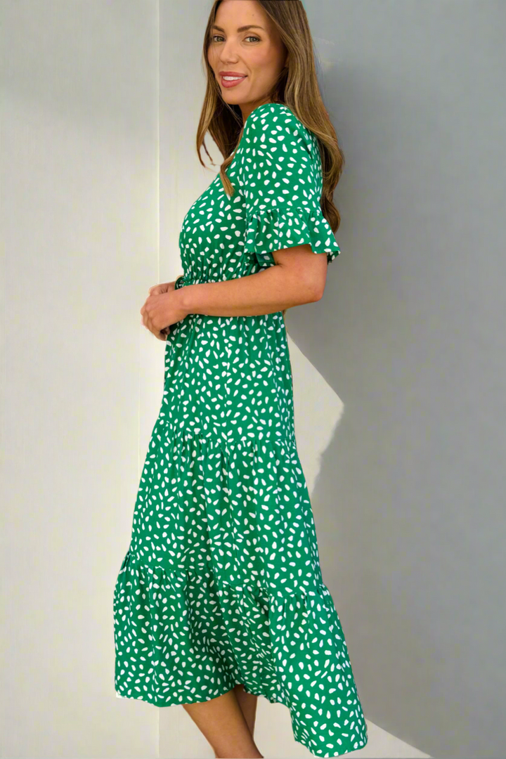 Jeannie Midi Dress  in Apple Green and White- Restocked