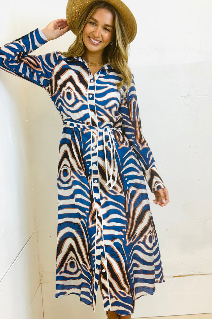 Allumbra Tiger Shirt Dress in Blue Print