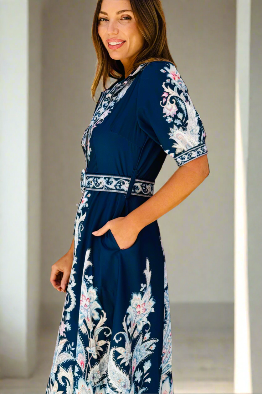 Monica Embroidered Print Dress in Navy