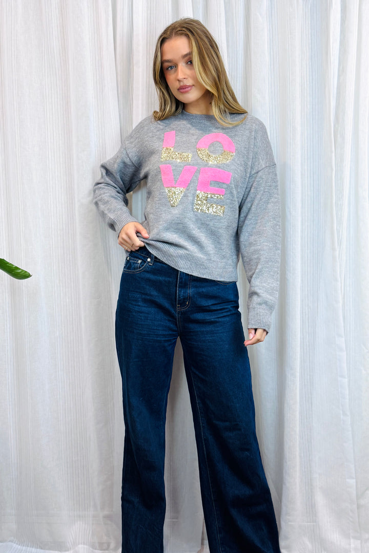 Nelly Love Sequin Detail Knit Top in Grey