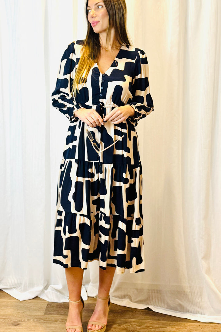 Santorini in Nude and Navy Long Sleeve Dress