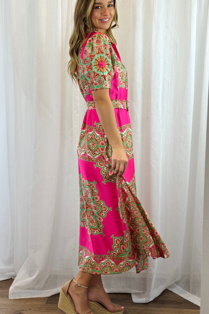 Angelina Hot Pink Embroidered Print Dress