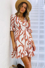 Oceane Wrap MINI Dress in Tan and White Tiger Print