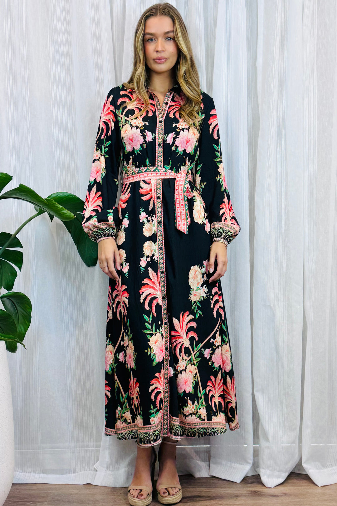Maddison Palm Print Dress in Long Sleeve