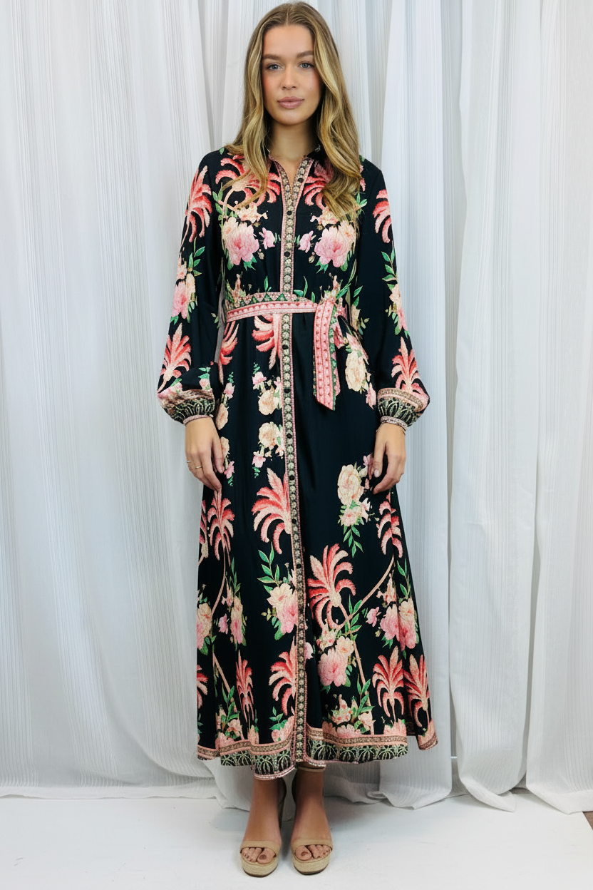 Maddison Palm Print Dress in Black Long Sleeve