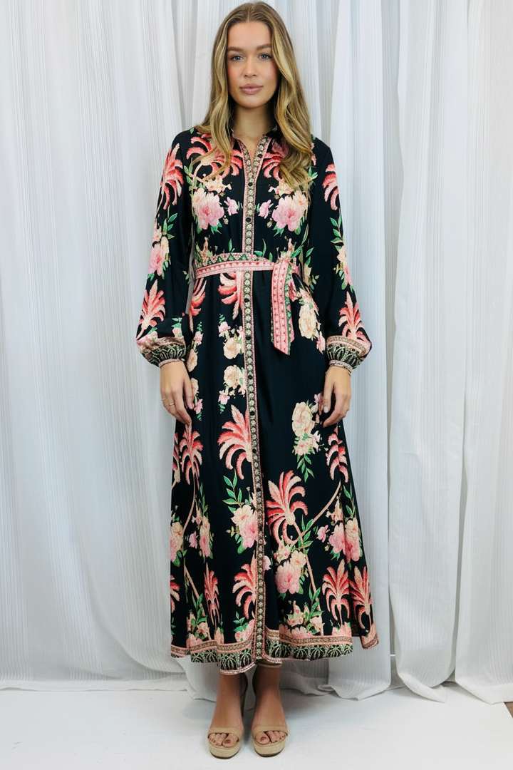 Maddison Palm Print Dress in Black Long Sleeve