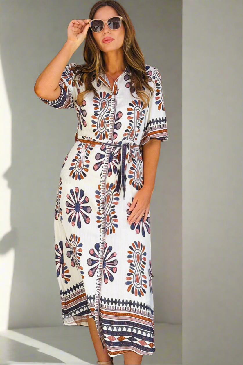 Campbell Midi Shirt Dress in Off White and Navy Print