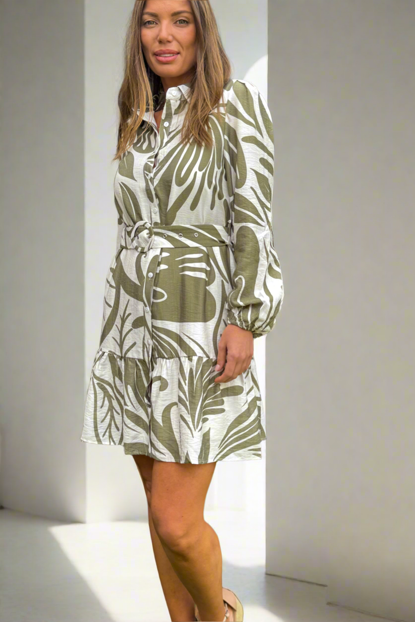 Fate Khaki and Off White Print Dress