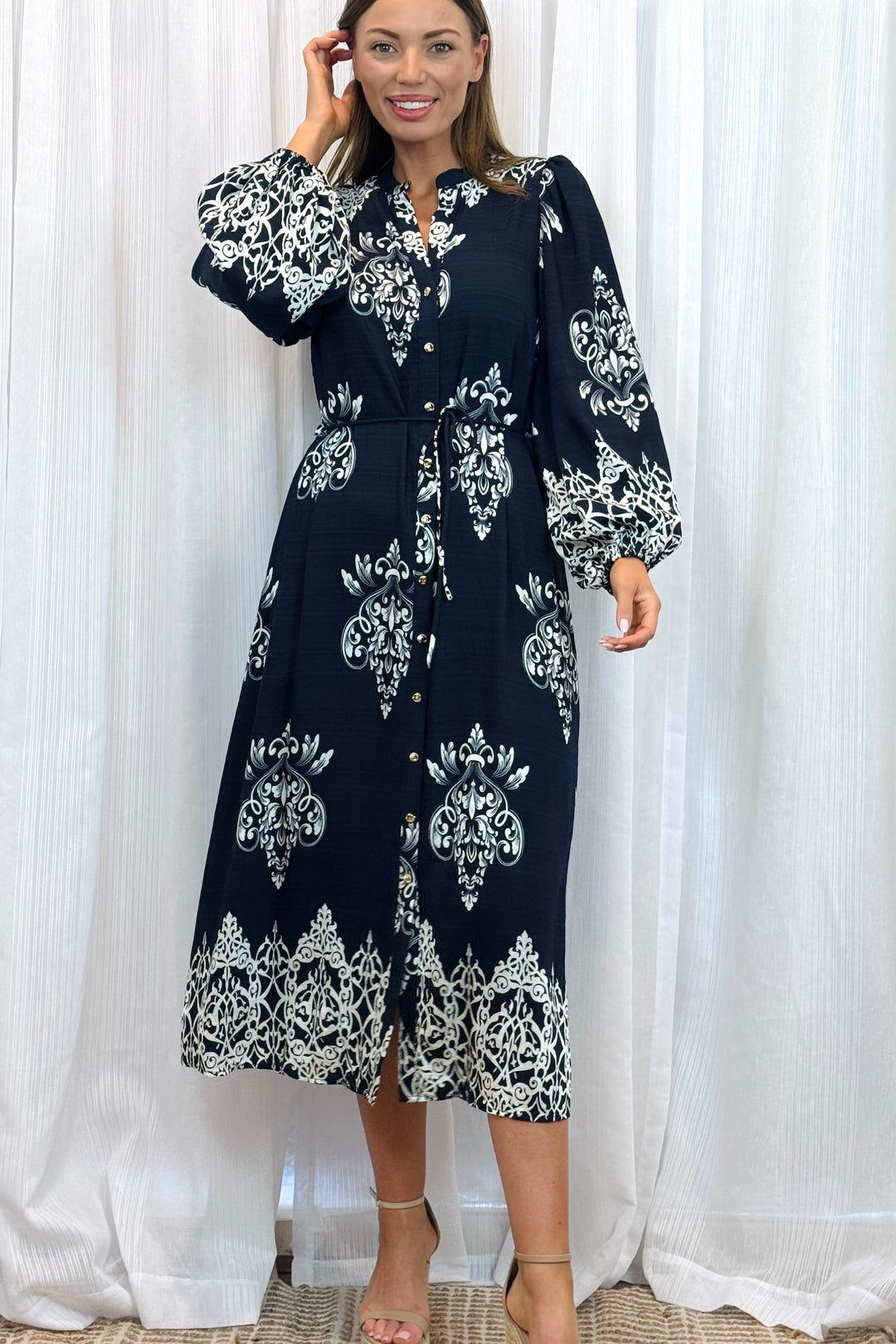 Mina Black Multi Print Dress With Off White Print