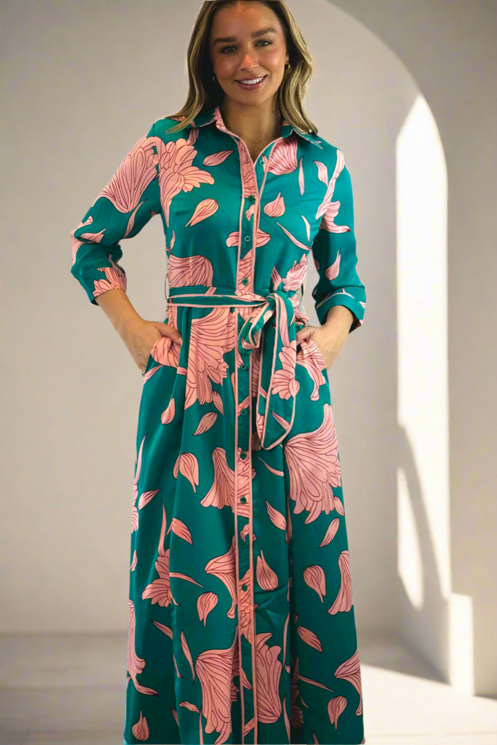 Martina Green and Pink Print Midi Dress