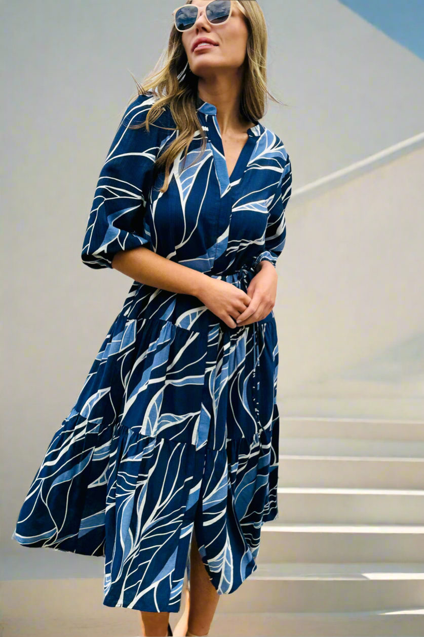 Vivienne Midi Dress  In Navy Print