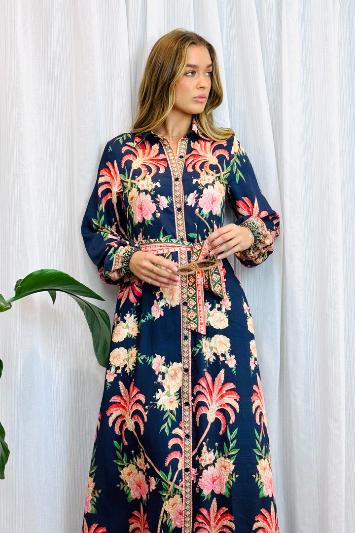Maddison Long Sleeve Maxi Dress in Navy Print