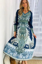 Eden Long Sleeve Navy Print Midi Dress with Beading
