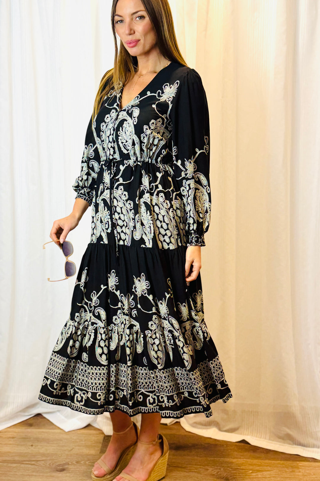 Davina Midi Dress in Black and White Print
