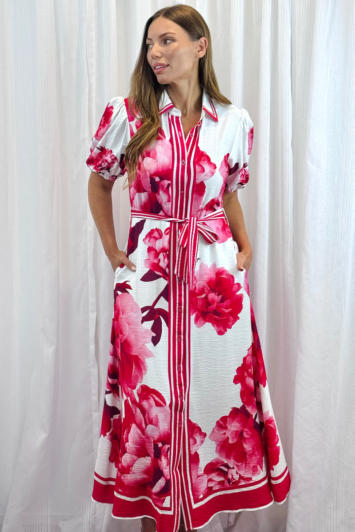 Natalia Maxi Dress in White Red and Pink Print