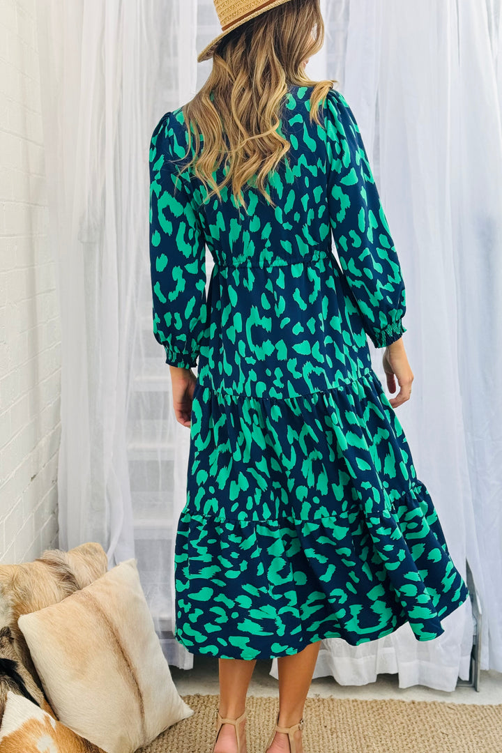 Molli Drawstring Midi Dress in Navy and Green Animal  Print