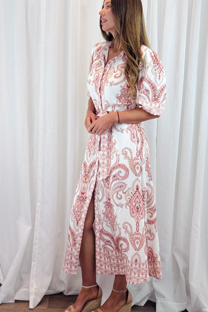 Lenni Paisley Shirt Dress in Off White and Claret Print