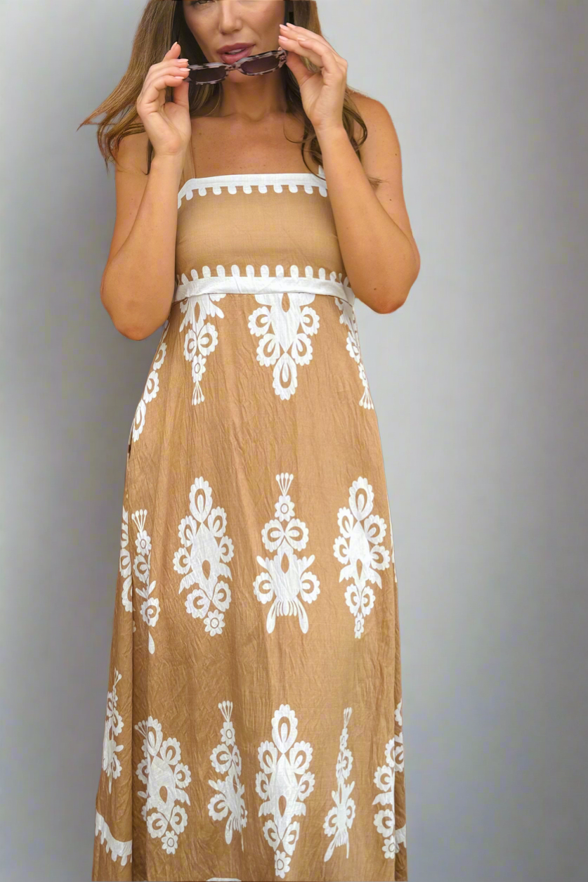 Positano Embroidery Print Maxi Dress in Latte and White