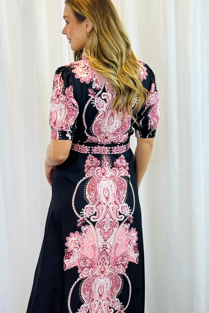 Eden Short Sleeve Dress With Pink Embroidered Print.
