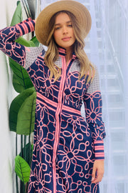 Ivy Chain MIDI Dress in Navy and Pink Print